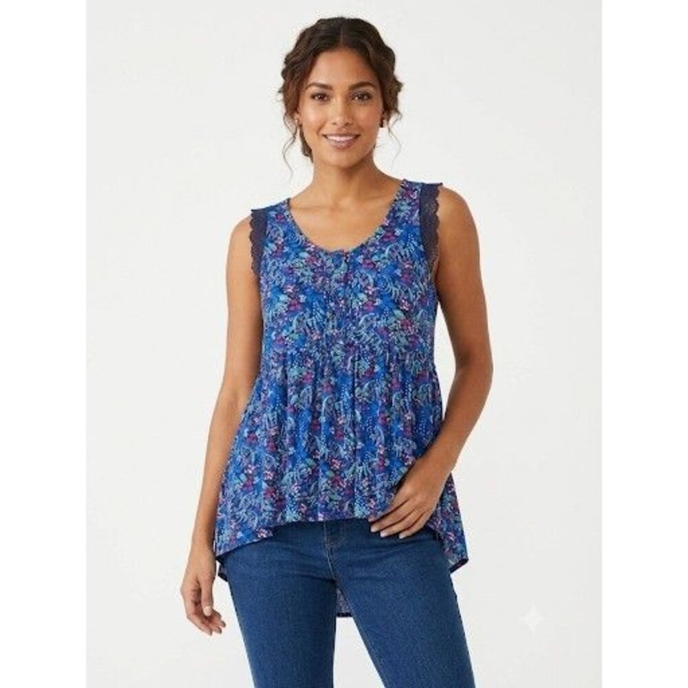 LC Lauren Conrad Boho Floral Tank Top Blouse Blue Pink XXL 100% Rayon